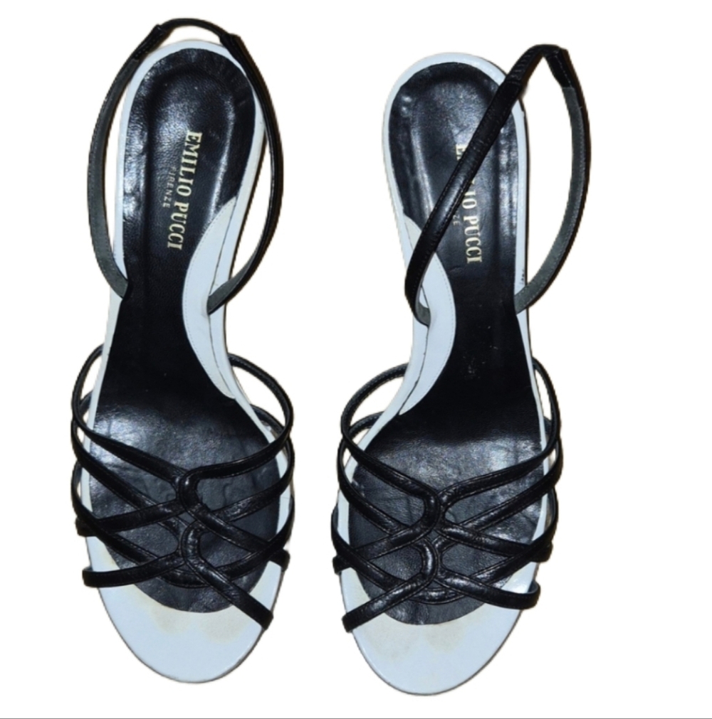 Vintage Emilio Pucci White & Black Platform Sling Back Dress Shoes